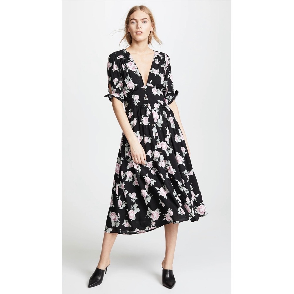 Free People Black Pink Rose Floral Tie Front Midi Dress Womens Small